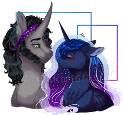 Size: 1403x1311 | Tagged: safe, artist:malinraf1615, derpibooru import, king sombra, princess luna, alicorn, pony, unicorn, alternate hairstyle, bandana, beard, blushing, chest fluff, ear fluff, ethereal mane, eyes closed, eyeshadow, facial hair, female, lumbra, makeup, male, mare, shipping, simple background, stallion, starry mane, straight, transparent background