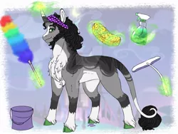 Size: 1024x768 | Tagged: safe, artist:malinraf1615, derpibooru import, king sombra, pony, unicorn, alternate hairstyle, bucket, chest fluff, deviantart watermark, duster, ear fluff, glowing horn, headband, horn, housewife, leg fluff, leonine tail, levitation, magic, male, markings, obtrusive watermark, redesign, reformed, reformed sombra, solo, spary, sponge, spray bottle, stallion, telekinesis, unshorn fetlocks, watermark, wiper