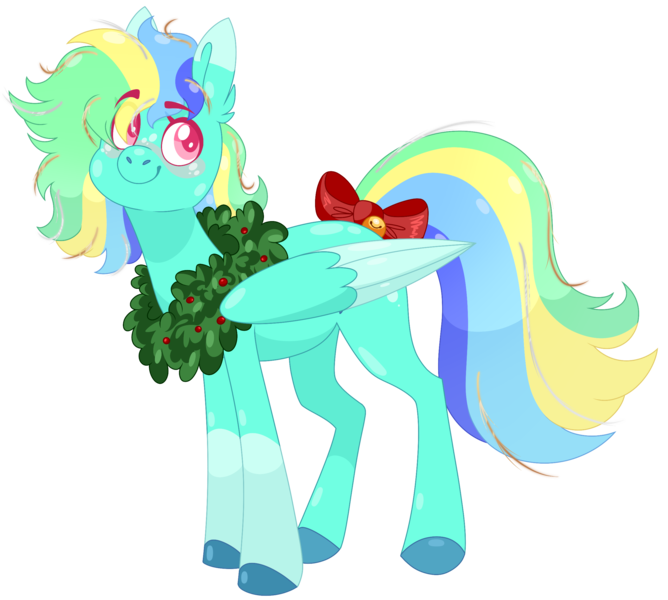 Size: 2523x2266 | Tagged: safe, artist:ttat2s, derpibooru import, oc, oc:aquarius, unofficial characters only, pegasus, pony, base used, bow, christmas, holiday, parent:lyra heartstrings, parent:rainbow dash, parents:lyradash, photo, simple background, solo, tail bow, transparent background, wreath