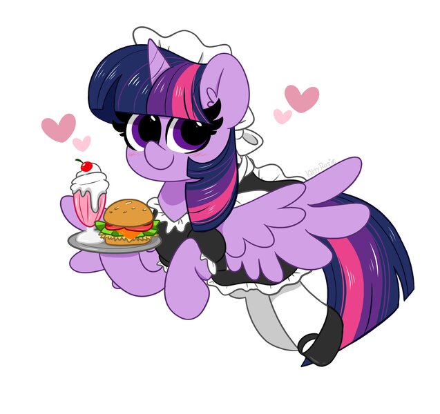 Size: 4096x3859 | Tagged: safe, artist:kittyrosie, derpibooru import, twilight sparkle, twilight sparkle (alicorn), alicorn, pony, blushing, burger, clothes, cute, female, flying, food, hay burger, heart, high res, looking at you, maid, mare, milkshake, plate, simple background, smiling, solo, twiabetes, white background