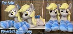 Size: 3310x1530 | Tagged: safe, artist:qtpony, derpibooru import, derpy hooves, pony, bow, clothes, irl, photo, plushie, self ponidox, socks, striped socks, tail bow