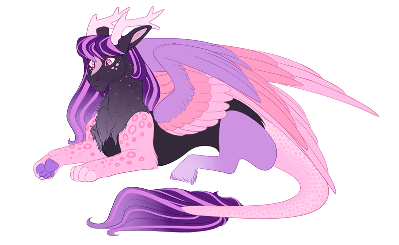 Size: 2600x1600 | Tagged: artist:uunicornicc, derpibooru import, draconequus, female, hybrid, interspecies offspring, lying down, oc, offspring, parent:discord, parents:discolight, parent:twilight sparkle, prone, safe, simple background, solo, white background