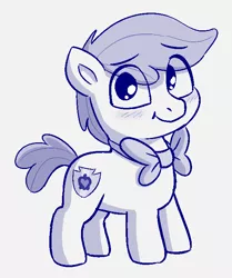 Size: 598x714 | Tagged: safe, artist:heretichesh, derpibooru import, apple bloom, earth pony, pony, applebuck, blushing, bowtie, colt, male, monochrome, rule 63, sketch, smiling, solo