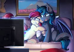 Size: 3550x2509 | Tagged: safe, artist:pridark, derpibooru import, roseluck, oc, oc:spark gap, bat pony, earth pony, pony, fanfic:fine print, bat pony oc, bat wings, commission, couch, duo, ethernet, fanfic art, high res, indoors, open mouth, rosegap, scared, scary movie, sitting, television, the nightmare before christmas, underhoof, wings