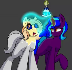 Size: 1421x1380 | Tagged: suggestive, artist:askhypnoswirl, derpibooru import, oc, oc:fruitlines, unofficial characters only, earth pony, pony, unicorn, drool, fading, glowing horn, horn, hypnosis, hypnotized, lamp, soul stealing, soul vore, swirly eyes, vore