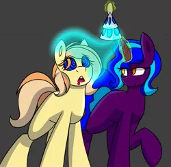 Size: 1421x1380 | Tagged: suggestive, alternate version, artist:askhypnoswirl, derpibooru import, oc, oc:fruitlines, unofficial characters only, earth pony, pony, unicorn, drool, glowing horn, horn, hypnosis, hypnotized, lamp, soul stealing, soul vore, swirly eyes, vore
