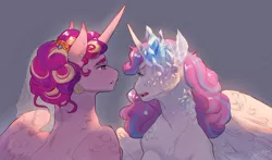 Size: 2852x1674 | Tagged: semi-grimdark, artist:yozora122, derpibooru import, princess cadance, princess flurry heart, pony, alternate hairstyle, ceremonial headdress, crystals on body, duo, ear piercing, female, gray background, horn, horn crystals, magic suppression, mother and child, mother and daughter, older, older flurry heart, piercing, simple background