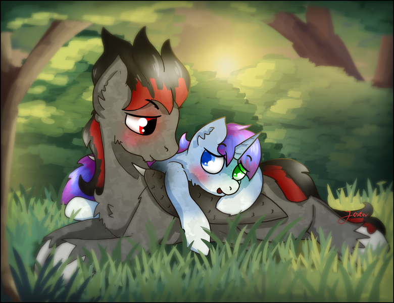 Size: 2645x2035 | Tagged: safe, artist:jesterpi, derpibooru import, oc, oc:broken flare, oc:starline moongazer, dracony, dragon, hybrid, pony, unicorn, cuddling, forest, grass, happy, hug, lying down, sunset, tree, wings