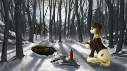 Size: 3920x2205 | Tagged: safe, artist:dezdark, derpibooru import, march gustysnows, bird, pony, tit (bird), coffee, forest, house, mountain, scenery, sled, snow, solo, thermos, tree