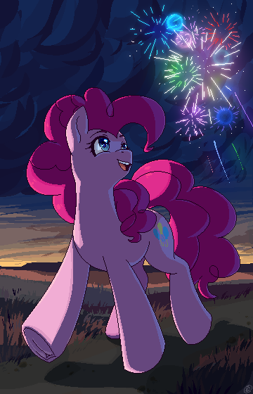 Size: 360x560 | Tagged: safe, artist:renka2802, artist:tigra0118, derpibooru import, pinkie pie, earth pony, pony, female, fireworks, frog (hoof), solo, underhoof, walking