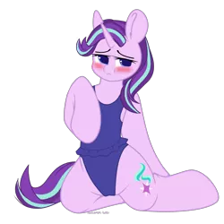 Size: 3000x3000 | Tagged: safe, artist:xcinnamon-twistx, derpibooru import, starlight glimmer, pony, unicorn, blue swimsuit, blushing, clothes, colored sketch, looking at you, one-piece swimsuit, patreon, patreon reward, reward, sexy, simple background, sketch, solo, sukumizu, swimsuit, transparent background