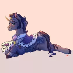 Size: 8661x8661 | Tagged: safe, artist:sourcherry, derpibooru import, idw, king sombra, pony, unicorn, alternate design, ascot, cape, clothes, crown, embroidery, ermine, good king sombra, gradient background, jewelry, looking at you, lying down, male, regalia, smiling, smiling at you, solo, stallion