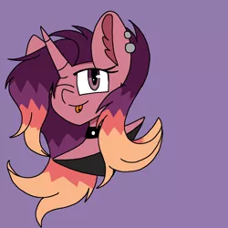 Size: 1378x1378 | Tagged: safe, artist:circuspaparazzi5678, derpibooru import, oc, oc:firework burst, anthro, pony, unicorn, anime, anime style, bust, clothes, collar, ear piercing, earring, i tried, jewelry, magical lesbian spawn, offspring, parent:sunset shimmer, parent:twilight sparkle, parents:sunsetsparkle, piercing, portrait, shirt, solo, tongue out, tongue piercing, tried my best