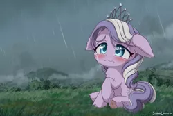 Size: 2400x1600 | Tagged: safe, artist:symbianl, derpibooru import, diamond tiara, earth pony, pony, chest fluff, crying, cute, ear fluff, female, filly, jewelry, leg fluff, rain, sad, sadorable, sitting, solo, tiara, wavy mouth