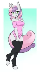 Size: 1500x2700 | Tagged: suggestive, artist:ambris, derpibooru import, sweetie belle, anthro, pony, unguligrade anthro, unicorn, abstract background, adorasexy, beautiful, beautisexy, blushing, bottomless, breasts, busty sweetie belle, clothes, curvy, cute, diasweetes, embarrassed, eye clipping through hair, eyelashes, female, gradient background, green eyes, hand on chest, hoofless socks, leg warmers, legs, looking at you, off shoulder, older, older sweetie belle, partial nudity, sexy, shirt, shirt pull, skindentation, smiling, smiling at you, socks, solo, solo female, stockings, sultry pose, teenager, thigh highs, thighs, white coat