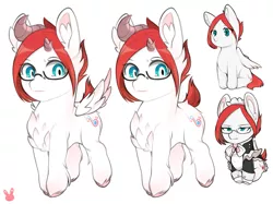 Size: 1227x916 | Tagged: safe, artist:sugarelement, derpibooru import, oc, oc:red cherry, pegasus, pony, clothes, dock, fluffy, glasses, horns, maid, maid headdress, sitting, smol, solo, wingless