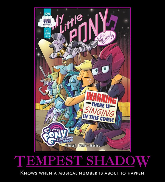 Size: 576x638 | Tagged: safe, derpibooru import, applejack, medley brook, rockhoof, tempest shadow, zecora, pony, spoiler:comic, motivational poster, season 10, stage