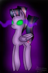 Size: 1000x1500 | Tagged: safe, artist:terezas474747, derpibooru import, twilight sparkle, twilight sparkle (alicorn), alicorn, pony, black background, colored sclera, corrupted, corrupted twilight sparkle, dark magic, dark twilight, dark twilight sparkle, female, gradient background, green sclera, magic, possessed, possession, purple background, simple background, solo, sombra eyes