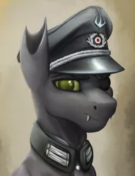 Size: 1760x2300 | Tagged: safe, artist:richmay, derpibooru import, oc, changeling, equestria at war mod, bust, cap, changeling oc, clothes, eyepatch, green changeling, hat, military, military uniform, portrait, solo, uniform