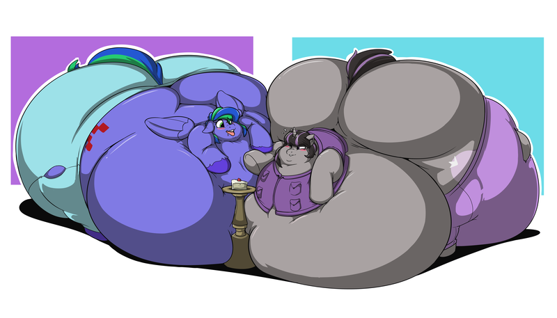Size: 7000x4000 | Tagged: questionable, artist:daikanu, derpibooru import, oc, oc:felicity stars, oc:magna-save, unofficial characters only, pegasus, pony, unicorn, ass, belly, big belly, blob, blushing, bulges, butt, cake, chubby cheeks, clothes, clothing damage, fat, fat fetish, female, fetish, food, huge belly, huge butt, immobile, impossibly large belly, impossibly large butt, jacket, large butt, magslicity, mare, obese, one eye closed, pants, pedestal, simple background, struggle, the ass was fat, thighs, thunder thighs