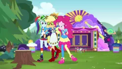 Size: 1920x1080 | Tagged: safe, derpibooru import, screencap, applejack, pinkie pie, rainbow dash, accountibilibuddies, equestria girls, equestria girls series, spoiler:eqg series (season 2), clothes, rainbow socks, socks, striped socks, tree stump