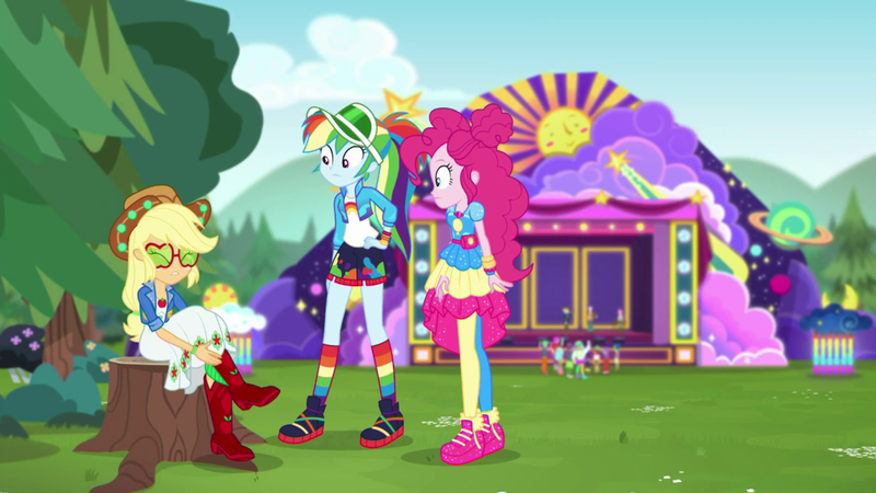 Size: 1920x1080 | Tagged: safe, derpibooru import, screencap, applejack, pinkie pie, rainbow dash, accountibilibuddies, equestria girls, equestria girls series, spoiler:eqg series (season 2), clothes, rainbow socks, socks, striped socks, tree stump