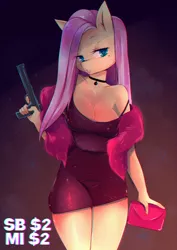 Size: 2480x3508 | Tagged: safe, artist:klaudy, derpibooru import, fluttershy, anthro, anime style, auction, auction open, big breasts, breasts, busty fluttershy, choker, cleavage, clothes, commission, cute, dress, feather boa, gun, handgun, jewelry, long hair, mole, pendant, purse, seductive look, seductive pose, sexy, solo, starry eyes, weapon, wingding eyes, ych example, your character here