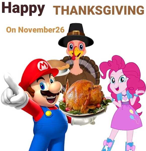 Size: 720x743 | Tagged: safe, artist:eddazzling81, artist:sugar-loop, derpibooru import, pinkie pie, bird, human, turkey, equestria girls, barely eqg related, crossover, crossover shipping, female, food, happy thanksgiving 2020, hat, holiday, male, mario, mariopie, nintendo, pilgrim hat, shipping, straight, super mario bros., thanksgiving