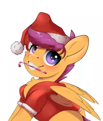 Size: 2750x3250 | Tagged: safe, artist:skitsniga, derpibooru import, scootaloo, pegasus, pony, blushing, candy, candy cane, chest fluff, christmas, clothes, coat, cute, cutealoo, eye clipping through hair, female, filly, food, grin, hat, holiday, looking at you, mouth hold, santa hat, simple background, sitting, smiling, solo, white background