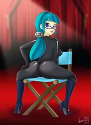 Size: 2268x3118 | Tagged: suggestive, artist:glamourpink, derpibooru import, juniper montage, equestria girls, ass, bodysuit, boots, breasts, busty juniper montage, butt, cameltoe, catsuit, chair, clothes, curtains, director's chair, erect nipples, glasses, hair decorations, high heel boots, high heels, junibum montage, latex, latex suit, looking at you, looking back, looking back at you, looking over shoulder, rearboob, shoes, sideboob, solo, spotlight, spread legs, spreading