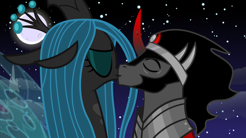 Size: 1920x1080 | Tagged: safe, artist:dashiesparkle edit, artist:kayman13, artist:proenix, derpibooru import, edit, vector edit, king sombra, queen chrysalis, changeling, changeling queen, unicorn, chrysombra, eyes closed, female, kissing, male, shipping, straight, vector