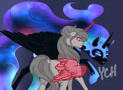 Size: 3623x2665 | Tagged: safe, artist:luna dave, derpibooru import, nightmare moon, oc, alicorn, pony, armor, auction, commission, ethereal mane, jewelry, realistic horse legs, realistic wings, regalia, starry mane, wing fluff, wings, your character here, your character here auction