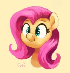 Size: 1371x1437 | Tagged: safe, artist:aemantaslim, derpibooru import, fluttershy, pegasus, pony, :t, bust, cute, female, mare, portrait, shyabetes, simple background, smiling, solo, three quarter view, yellow background