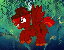 Size: 800x618 | Tagged: safe, artist:firehearttheinferno, derpibooru import, oc, oc:lance longmane, pegasus, pony, barding, barehoof, bush, clothes, cowboy hat, dashite, dashite brand, ear tufts, fangs, grin, hat, hooves, jacket, jungle, leather hat, leather jacket, leaves, orange eyes, pegasus oc, red coat, sharp teeth, smiling, solo, stock background, striped tail, teeth, tree, vine, wings