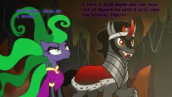 Size: 1366x768 | Tagged: safe, artist:chrzanek97, artist:kayman13, derpibooru import, king sombra, mane-iac, pony, unicorn, power ponies (episode), the beginning of the end, evil lair, explanation, female, grogar's lair, idea, lair, looking up, male, mane-iac is not amused, misspelling, plan, text, ugh, unamused