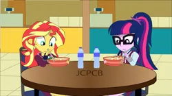 Size: 1921x1079 | Tagged: safe, artist:jcpreactyt, derpibooru import, sci-twi, sunset shimmer, twilight sparkle, equestria girls, equestria girls series, clothes, couple, female, food, food court, friendship, lesbian, mall, noodles, ramen, relationship, school uniform, scitwishimmer, shipping, skirt, sunsetsparkle