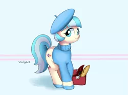 Size: 875x649 | Tagged: safe, artist:vinilyart, derpibooru import, coco pommel, earth pony, pony, alcohol, baguette, beret, bottle, bread, clothes, cocobetes, cute, female, food, french, hat, looking at you, mare, shoes, smiling, solo, sweater, wine, wine bottle