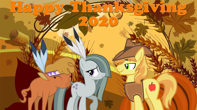 Size: 2063x1161 | Tagged: safe, anonymous artist, derpibooru import, braeburn, little strongheart, marble pie, autumn, braeble, braeheart, feather, female, friendship, friendshipping, happy thanksgiving 2020, holiday, male, shipping, straight, thanksgiving