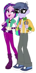 Size: 434x884 | Tagged: safe, artist:kimberlythehedgie, artist:skyfallerart, derpibooru import, edit, aria blaze, microchips, equestria girls, rainbow rocks, ariachips, backpack, boots, clothes, female, gem, glasses, high heel boots, male, pants, pigtails, shipping, shoes, simple background, siren gem, straight, transparent background, twintails, vector