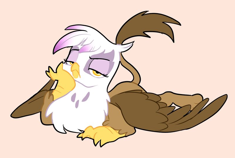 Size: 2048x1379 | Tagged: safe, artist:ruri0824tby, derpibooru import, gilda, gryphon, :<, bored, cute, female, frown, gildadorable, lidded eyes, looking at you, lying down, pink background, prone, raised eyebrow, simple background, solo, tan background