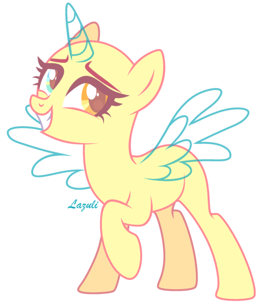 Size: 1856x2168 | Tagged: safe, artist:lazuli, derpibooru import, oc, unofficial characters only, alicorn, pony, alicorn oc, bald, base, eyelashes, grin, heterochromia, horn, raised hoof, signature, simple background, smiling, solo, transparent background, wings