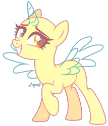 Size: 1856x2168 | Tagged: safe, artist:lazuli, derpibooru import, oc, unofficial characters only, alicorn, pony, alicorn oc, bald, base, eyelashes, grin, heterochromia, horn, raised hoof, signature, simple background, smiling, solo, transparent background, wings