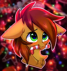 Size: 3000x3150 | Tagged: safe, artist:pesty_skillengton, derpibooru import, oc, unofficial characters only, earth pony, pony, bust, candy, candy cane, chest fluff, christmas, cute, ear piercing, floppy ears, food, holiday, male, mouth hold, piercing, portrait, solo, stallion