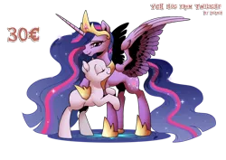 Size: 1024x725 | Tagged: safe, artist:dormin-kanna, derpibooru import, princess twilight 2.0, twilight sparkle, twilight sparkle (alicorn), alicorn, earth pony, pegasus, pony, the last problem, commission, ethereal mane, hug, older, older twilight, simple background, starry mane, transparent background, ych example, ych sketch, your character here