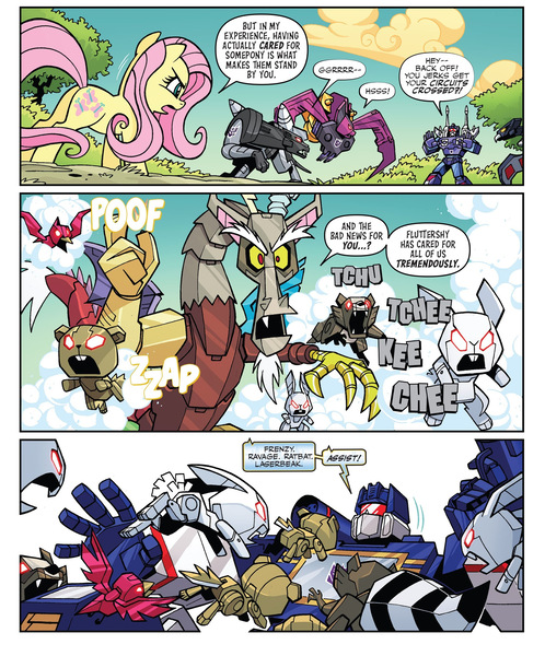 Size: 1988x2396 | Tagged: safe, derpibooru import, idw, discord, fluttershy, bird, draconequus, pegasus, pony, rabbit, raccoon, robot, spoiler:comic, spoiler:friendship in disguise, spoiler:friendship in disguise03, angry, animal, butt, comic, crossover, decepticon, female, frenzy, laserbeak, male, mare, plot, poof, ratbat, ravage, roboticization, soundwave, transformers, wingless