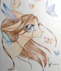 Size: 1080x1256 | Tagged: safe, artist:_quantumness_, derpibooru import, oc, unofficial characters only, butterfly, earth pony, insect, pony, bust, earth pony oc, floppy ears, signature, solo, traditional art