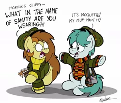 Size: 1024x875 | Tagged: safe, artist:bobthedalek, derpibooru import, oc, oc:bubble pump, oc:clippy ticket, unofficial characters only, earth pony, pegasus, pony, comic:trottingham transport, bag, clothes, dialogue, female, hat, jacket, london, male, mare, open mouth, public transportation, shocked, smiling, stallion, sweater