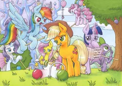 Size: 4670x3290 | Tagged: safe, artist:xeviousgreenii, derpibooru import, angel bunny, applejack, fluttershy, pinkie pie, rainbow dash, rarity, spike, twilight sparkle, twilight sparkle (alicorn), alicorn, dragon, earth pony, pegasus, pony, rabbit, unicorn, animal, balloon, book, clothes, cloud, croquet, floating, grass, levitation, magic, mallet, mane seven, mane six, mouth hold, telekinesis, then watch her balloons lift her up to the sky, traditional art, tree, twilight's castle, winged spike