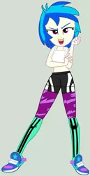 Size: 1928x3732 | Tagged: safe, artist:jadethepegasus, artist:novalightsentryyt, derpibooru import, vinyl scratch, equestria girls, base used, belly button, clothes, female, gray background, leggings, midriff, mouth guard, mouthguard, open mouth, shoes, shorts, simple background, sneakers, socks, solo, sports bra, sports shorts