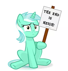 Size: 4000x4181 | Tagged: safe, artist:keronianniroro, derpibooru import, lyra heartstrings, pony, unicorn, 2021, crying, end of ponies, female, holding sign, hoof hold, looking at you, mare, sign, simple background, sitting, solo, teary eyes, the end is neigh, white background